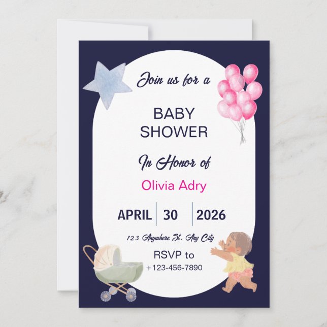 Marinblå Baby Shower-inbjudan | Akvarell Inbjudningar (Framsida)