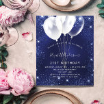 Marinblå ballong inbjudan till födelsedagsfest<br><div class="desc">En modern,  stilren och glamourös inbjudan till 21-årsfest (eller vilken ålder som helst). Marinblå bakgrund med falska glittergnistor och vita ballonger. Den blå färgen är ojämn. Personalisera och lägg till ditt namn och festdetaljer.</div>