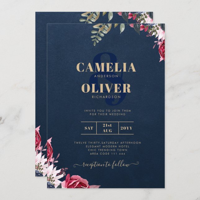 Marinblå Bär Blommig Burgunder Vinter Höst Inbjudningar (Fram/baksida)