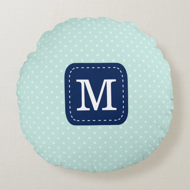 Marinblå beställnings- Monogram för pastellfärgat Rund Kudde (Framsidan)