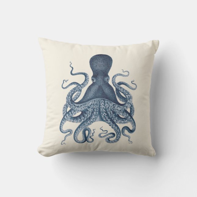 Marinblå bläckfiskillustration på kräm kudde (Framsida)