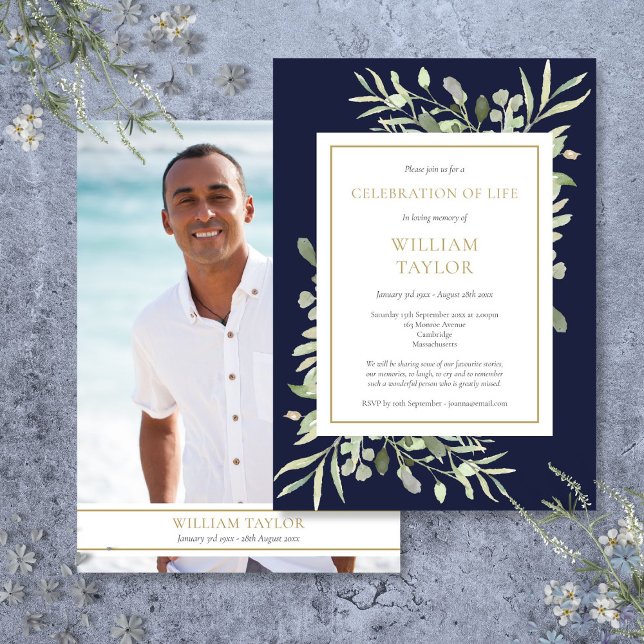 Marinblå blad begravningsfirande minnesfoto inbjudningar (Navy Blue Leaves Funeral Celebration of Life Photo Invitation)
