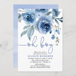 Marinblå blom- elegant pojkebaby shower inbjudningar