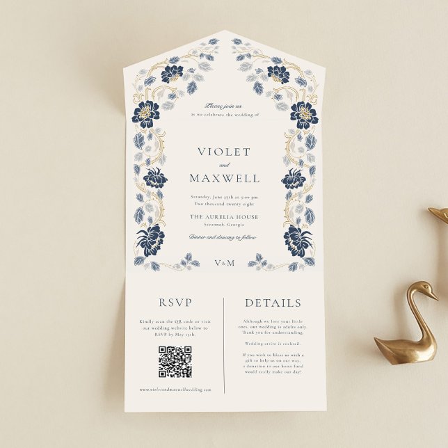 Marinblå Blommig Allt-i-ett Bröllopsinbjudan (Navy Blue Art Nouveau All In One Wedding Invitation with Details and RSVP Card)