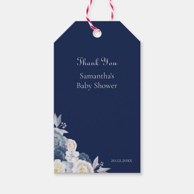 Marinblå Blommig Baby Shower Tackkort Presentetikett (Framsidan)