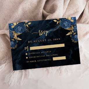 Marinblå Blommig Blek Guld Script Bröllop RSVP Tilläggskort
