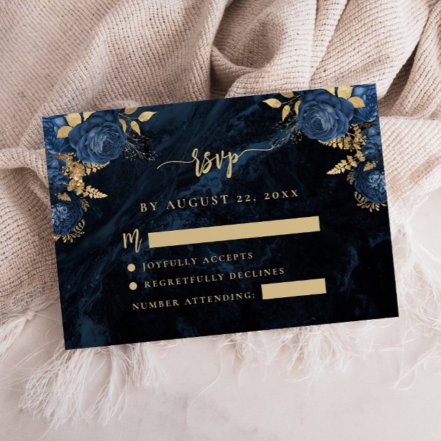 Marinblå Blommig Blek Guld Script Bröllop RSVP Tilläggskort (Skapare uppladdad)