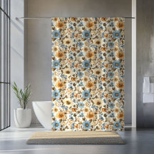 Marinblå Blommig Boho Terrakotta Accent Gardin