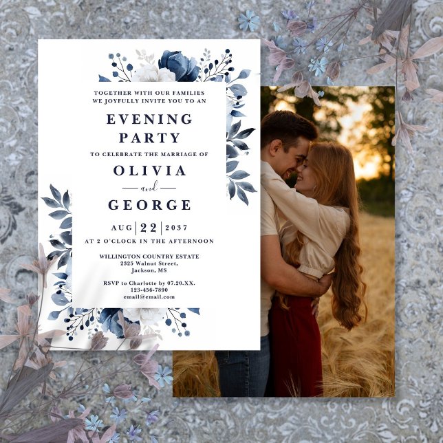 Marinblå Blommig Bröllop Kvällsfest Foto Inbjudningar (Navy Blue Floral Wedding Evening Party Photo Invitation)