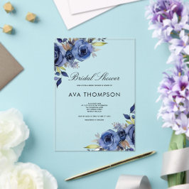Marinblå Blommig Bröllopsakryl Invitation till Bru