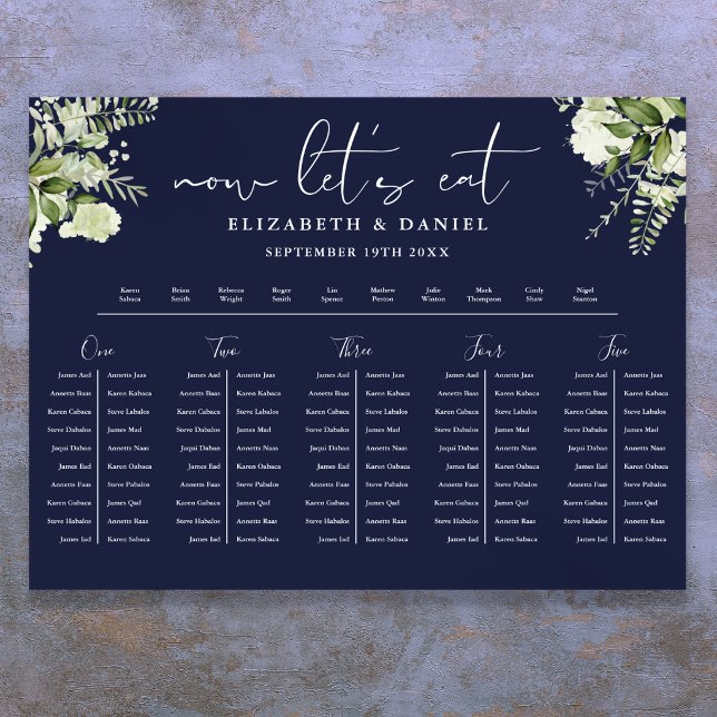 Marinblå Blommig Bröllopsbord Plan Sittplatskarta Poster (Navy Blue Floral Wedding Table Plan Seating Chart)
