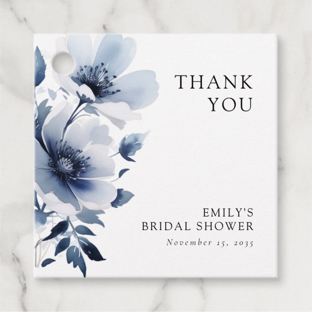 Marinblå Blommig Bröllopsdusch Gåvor Etiketter (Framsida)