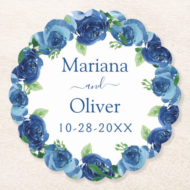 Marinblå Blommig Bröllopspappersunderlägg Underlägg Papper (Framsida)