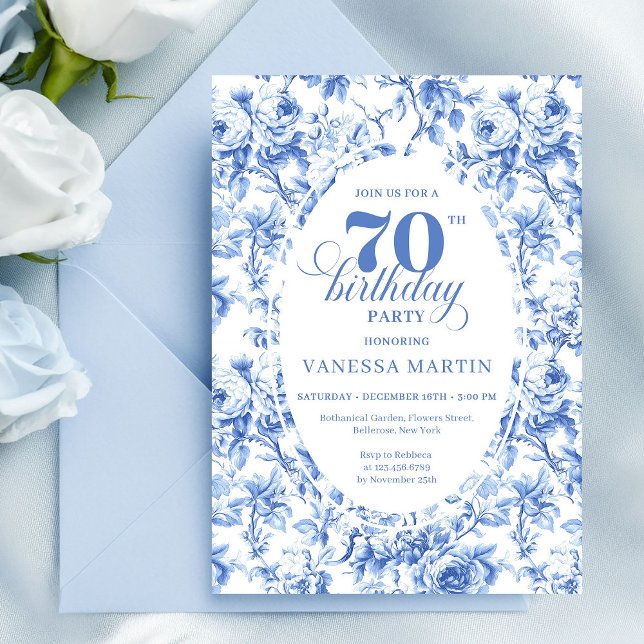 Marinblå Blommig Chic 70-års Födelsedagsinbjudan Inbjudningar (Navy Blue Floral Chic 70th Birthday Invitation)