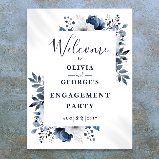 Marinblå Blommig Förlovningsfest Välkomstskylt Poster (Navy Blue Floral Engagement Party Welcome Sign)