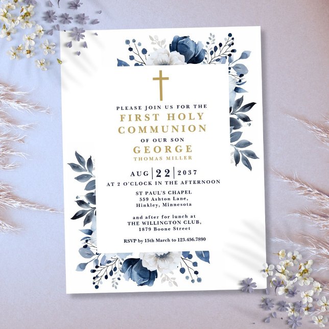 Marinblå Blommig Första Kommunion Inbjudan (Navy Blue Floral First Holy Communion Invitation Postcard)