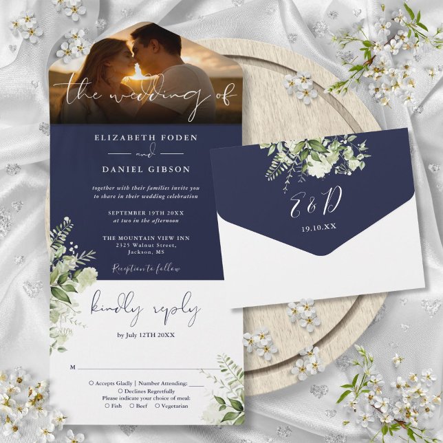 Marinblå Blommig Grönska Bröllopsfoto (Navy Blue Floral Greenery Wedding Photo All In One Invitation)