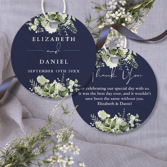 Marinblå Blommig Grönska Tack Du Bröllop Gåvor Etiketter (Navy Blue Floral Greenery Thank You Wedding Favor Tags)