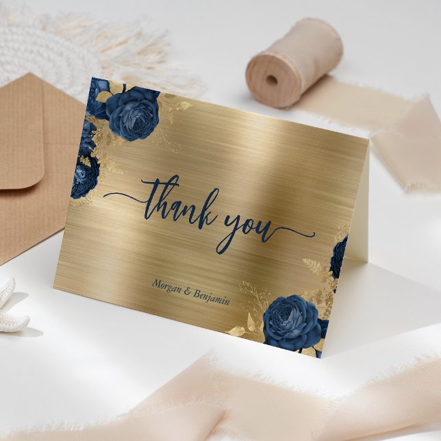 Marinblå Blommig Guld Borstad Metall Bröllop Tack Kort (Skapare uppladdad)