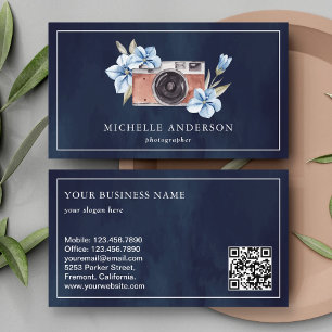 Marinblå Blommig Kamera QR-kod Fotograf Visitkort