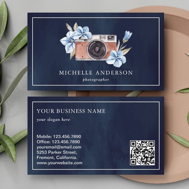 Marinblå Blommig Kamera QR-kod Fotograf Visitkort (Skapare uppladdad)