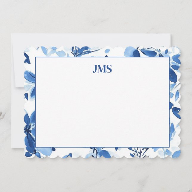 Marinblå Blommig Kant Monogram Papper Anteckningskort (Framsida)