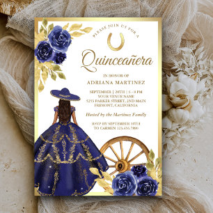 Marinblå Blommig Klänning Charro Guld Quinceanera Inbjudningar