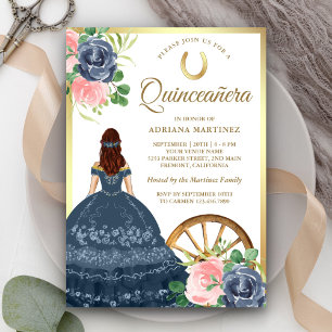 Marinblå Blommig Klänning Charro Guld Quinceanera Inbjudningar