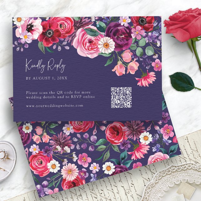 Marinblå Blommig OSA Kort (Navy Blue Watercolor Floral RSVP Card with QR Code by Painted Paperie
)