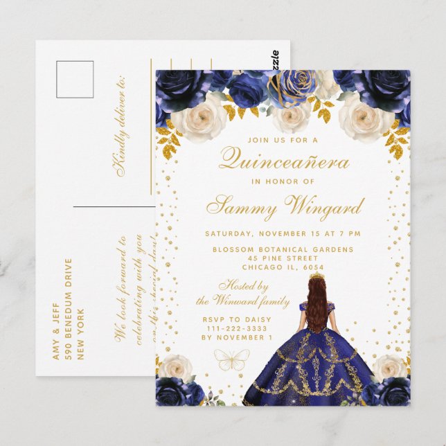 Marinblå Blommig Prinsessa Quinceañera Vykort (Fram/baksida)