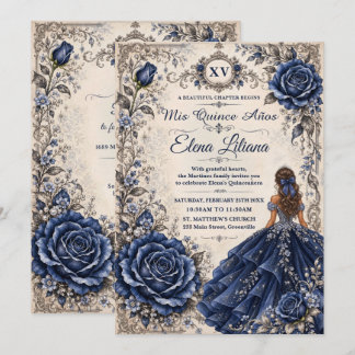 Marinblå Blommig Prinsessa Vintage Quinceañera XV Inbjudningar