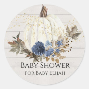 Marinblå Blommig Pumpa Grå Trä Bebis Shower Runt Klistermärke