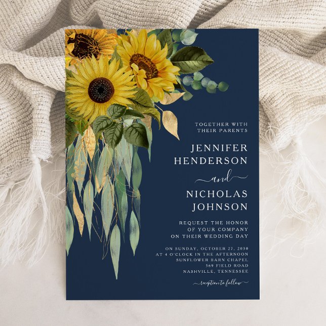 Marinblå Blommig Solros Eukalyptus Bröllop Inbjudningar (Navy Blue Floral Sunflower Eucalyptus Wedding Invitation)