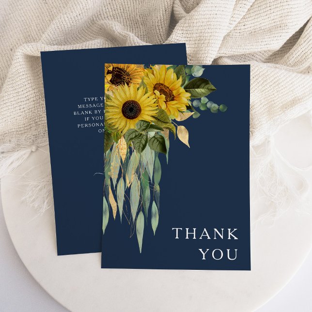 Marinblå Blommig Solros Eukalyptus Bröllop Tack Kort (Navy Blue Floral Sunflower Eucalyptus Wedding Thank You Card)