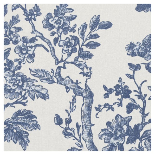 Marinblå Blommig Vin Toile Tyg (Närbild)