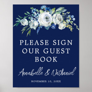 Marinblå Blommig Vinterbröllop Gästboksposter Poster