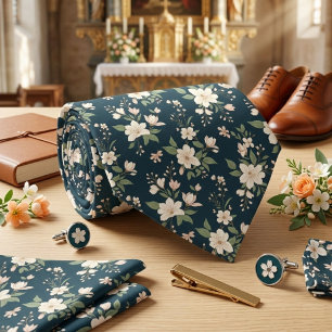 Marinblå Blommig Vit Blomning Slips