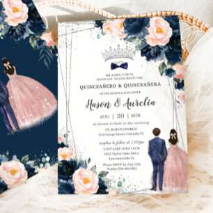 marinblå Blommigtar Twillingar Boy Quinceañera Inbjudningar