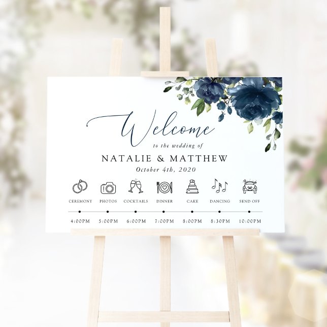 Marinblå blommor, grönska, bröllopsschema poster (Skapare uppladdad)