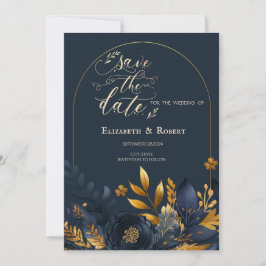 Marinblå Blommor Gula blad Save The Date Spara Datumet