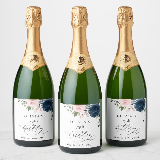 Marinblå blommor, rosa blommor, Boho, födelsedag (Flaskor)