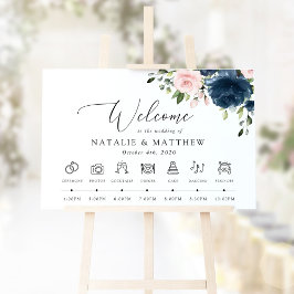 Marinblå blommor, rosa blommor, bröllopsschema poster