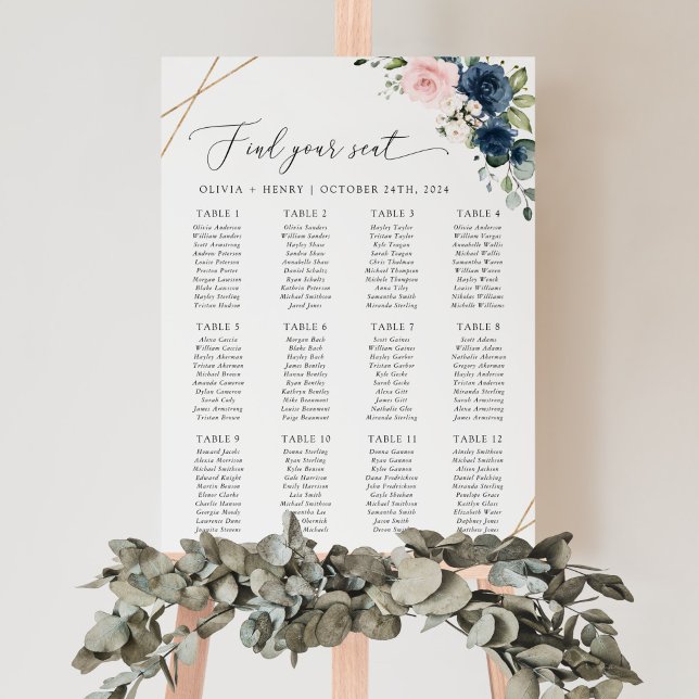 Marinblå blommor, rosa blommor, sittplatskarta poster (Skapare uppladdad)