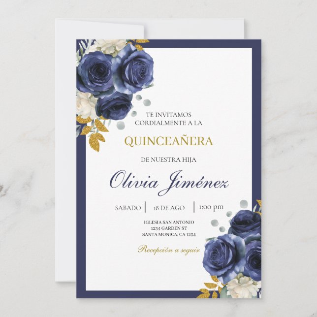 Marinblå blomster quinceañera  inbjudningar (Framsida)