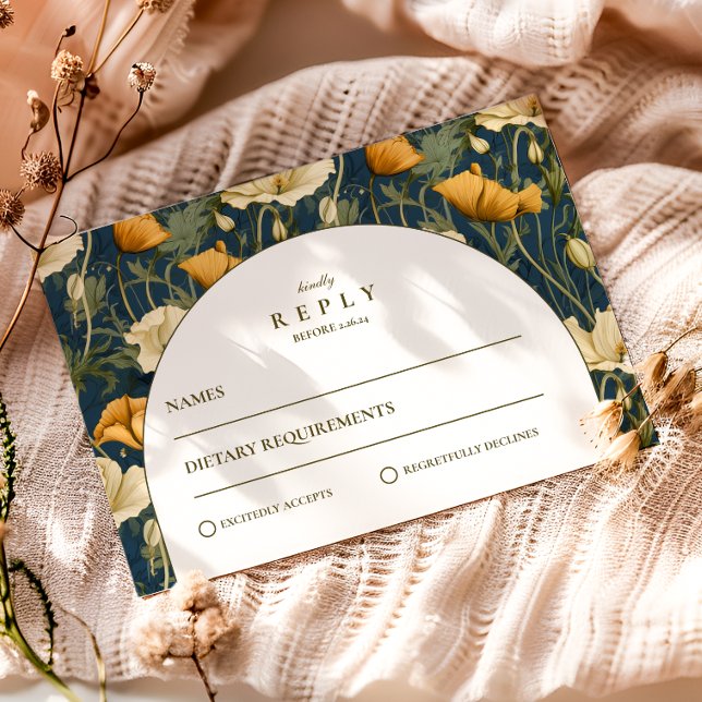 Marinblå blomsterbåge elegant bröllop OSA kort (Skapare uppladdad)