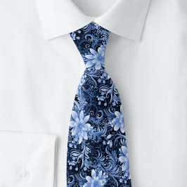 Marinblå blomsterbatik slips