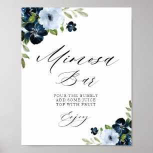 marinblå blomsterbröllopsmimosabarskylt poster
