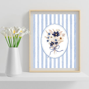 Marinblå blomsterbukett Blommiga ränder Poster