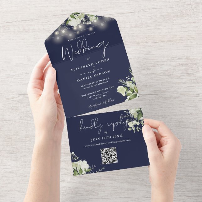 Marinblå blomstersträngljus QR-kod bröllop (Avrivbar del)