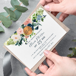 Marinblå blomstervattenfärgmonogram bröllopsdusch inbjudningar